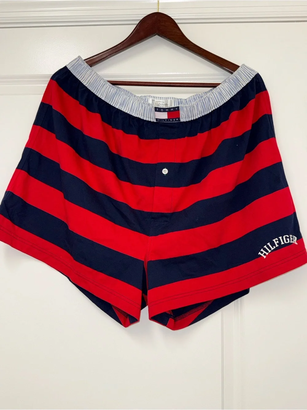 Tommy Hilfiger Men’s Large Striped Boxer Shorts – Navy, Gray & Red Lot Of 2